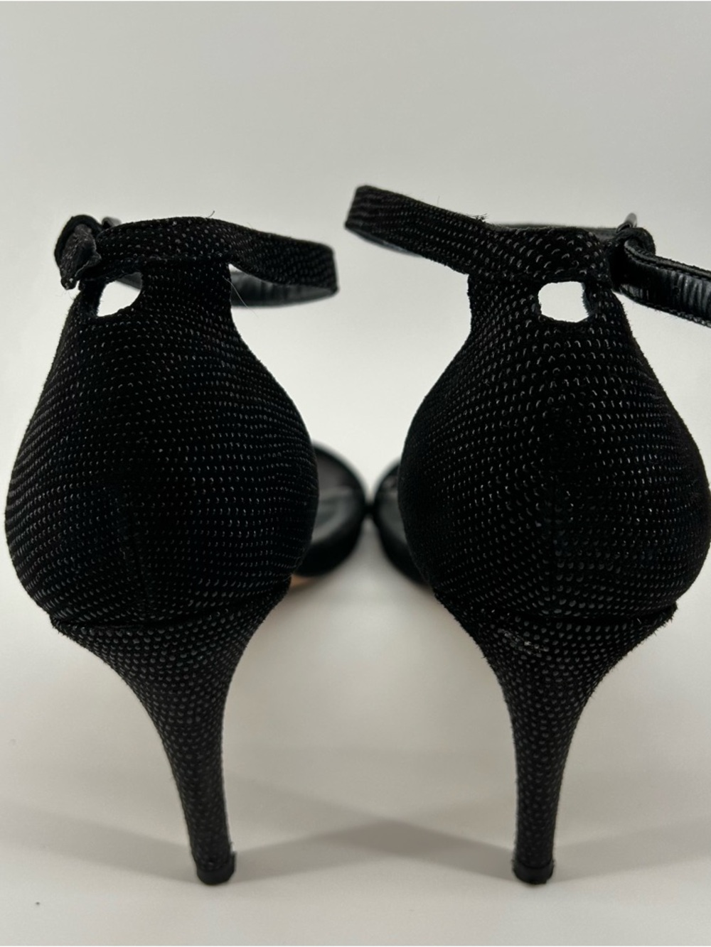 Stuart Weitzman "Nudist" Black Sparkle Ankle-Strap Heels - Picture 6 of 7